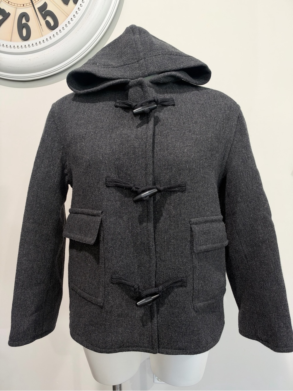 New Zara Women’s Wool Manteco Charcoal Hooded Toggle Coat size XS